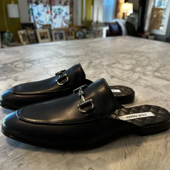 NWOT Steve Madden Men’s Black Leather Mules _Sz 11