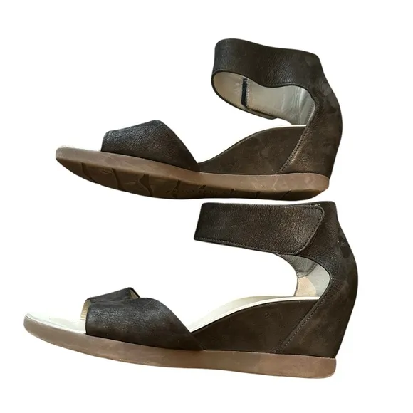 PAUL GREEN TAMMY BLACK NUBUCK LEATHER WEDGE SANDALS UK 6 US 8.5 $325 Preowned