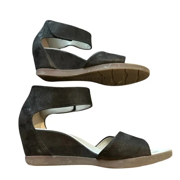 PAUL GREEN TAMMY BLACK NUBUCK LEATHER WEDGE SANDALS UK 6 US 8.5 $325 Preowned