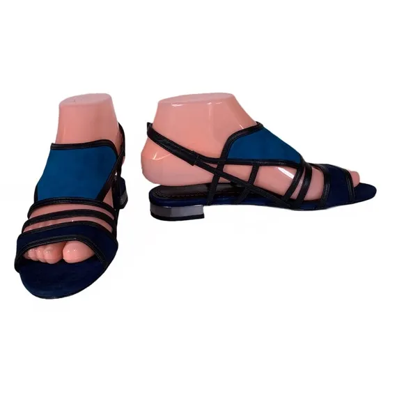 POUR LA VICTOIRE &quot;ESTELLE&quot; TURQUOISE &amp; NAVY BLUE W/ BLACK SUEDE SANDALS NIB (6)