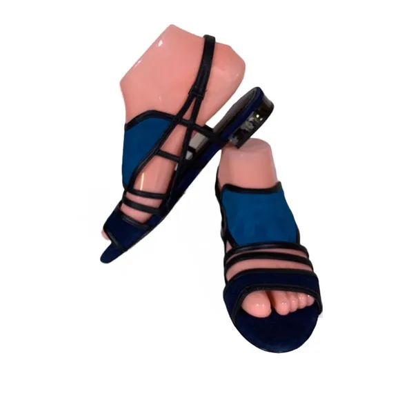 POUR LA VICTOIRE &quot;ESTELLE&quot; TURQUOISE &amp; NAVY BLUE W/ BLACK SUEDE SANDALS NIB (6)