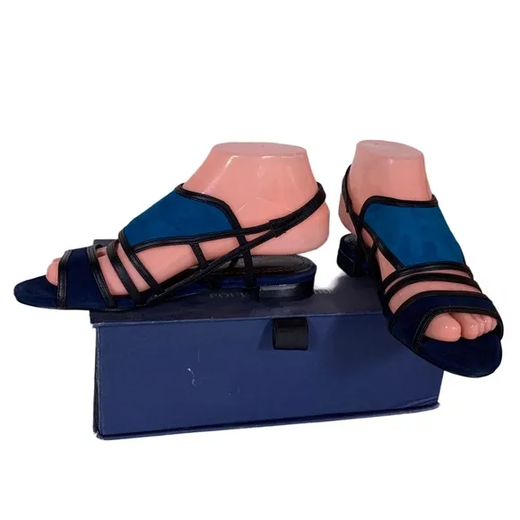POUR LA VICTOIRE &quot;ESTELLE&quot; TURQUOISE &amp; NAVY BLUE W/ BLACK SUEDE SANDALS NIB (6)