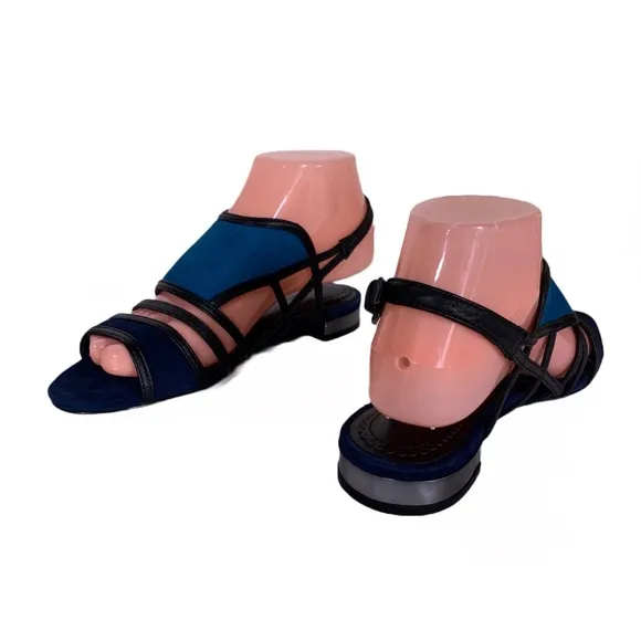 POUR LA VICTOIRE &quot;ESTELLE&quot; TURQUOISE &amp; NAVY BLUE W/ BLACK SUEDE SANDALS NIB (6)