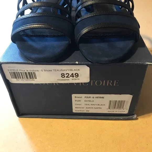 POUR LA VICTOIRE &quot;ESTELLE&quot; TURQUOISE &amp; NAVY BLUE W/ BLACK SUEDE SANDALS NIB (6)