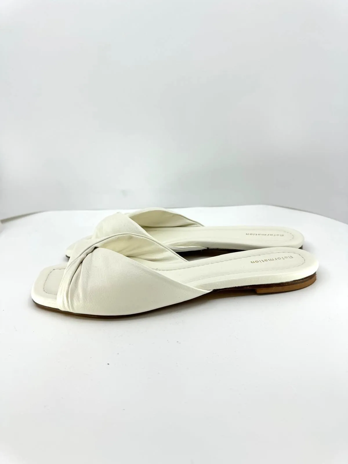 REFORMATION MIKKI TWIST LEATHER FLAT SLIDE SANDALS