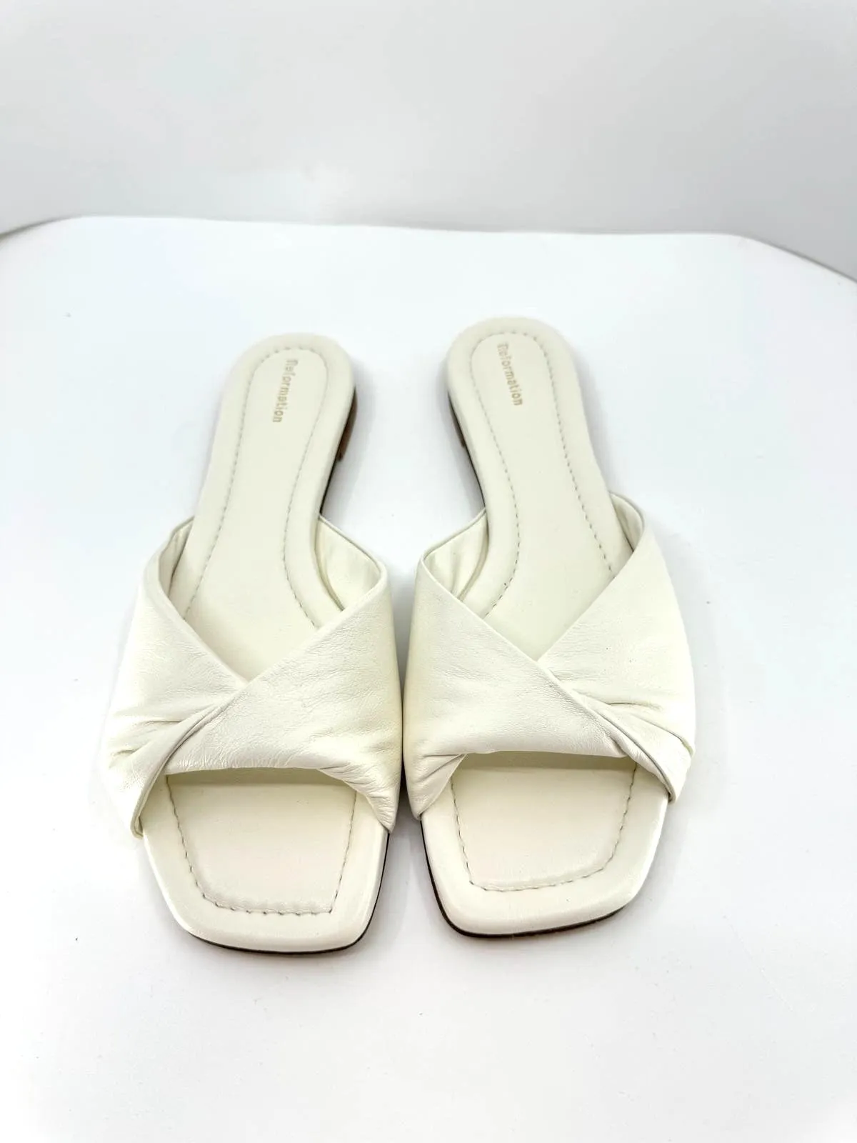 REFORMATION MIKKI TWIST LEATHER FLAT SLIDE SANDALS