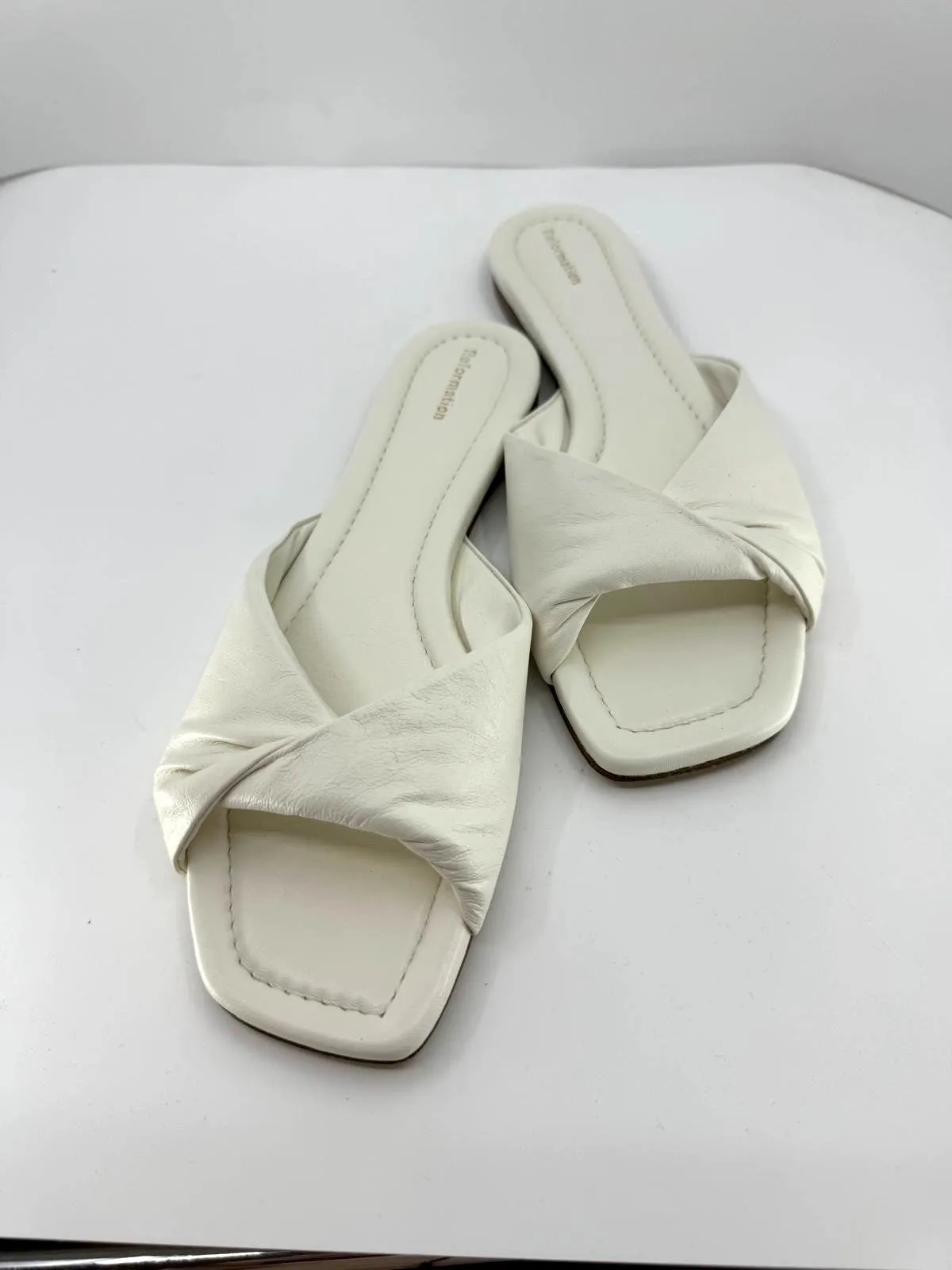 REFORMATION MIKKI TWIST LEATHER FLAT SLIDE SANDALS