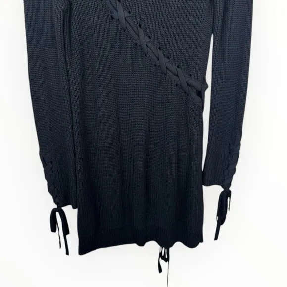 REVOLVE Lovers   Friends Black Sweater Dress Black Cotton Knit Lace Up Detail LS