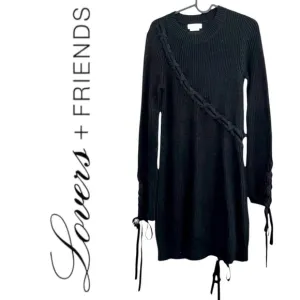 REVOLVE Lovers   Friends Black Sweater Dress Black Cotton Knit Lace Up Detail LS