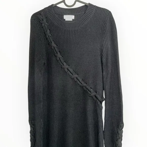 REVOLVE Lovers   Friends Black Sweater Dress Black Cotton Knit Lace Up Detail LS