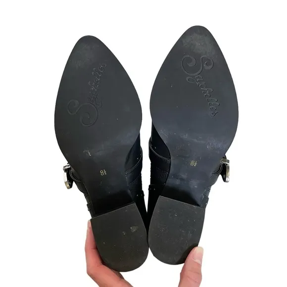 Seychelles Enthusiasm Black Leather Western Heeled Mules Silver Buckle Women 8.5
