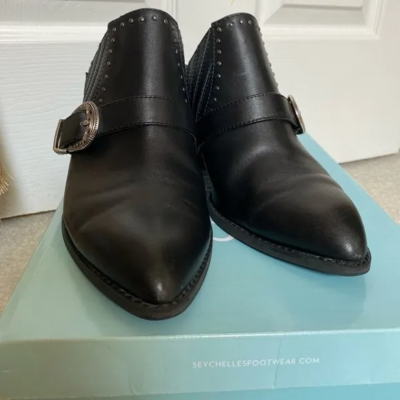 Seychelles Enthusiasm Black Leather Western Heeled Mules Silver Buckle Women 8.5