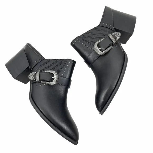 Seychelles Enthusiasm Black Leather Western Heeled Mules Silver Buckle Women 8.5