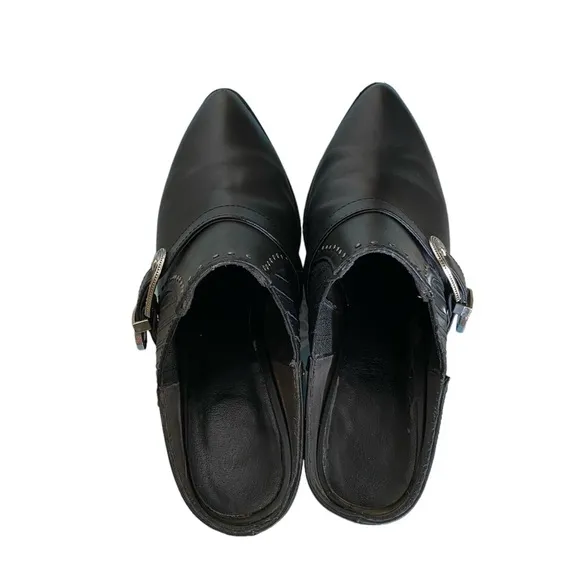 Seychelles Enthusiasm Black Leather Western Heeled Mules Silver Buckle Women 8.5