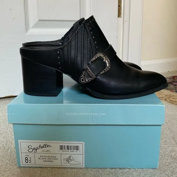 Seychelles Enthusiasm Black Leather Western Heeled Mules Silver Buckle Women 8.5