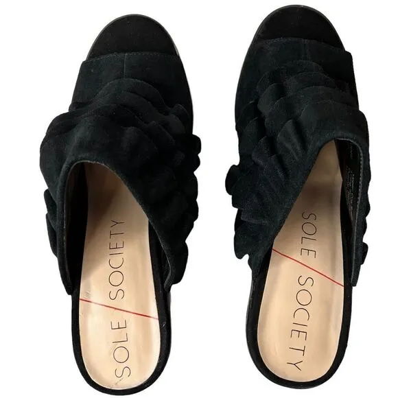 SOLE SOCIETY the FRANNIE Sandal Chunky Heel Open Toe Mules in Black Women's 9.5