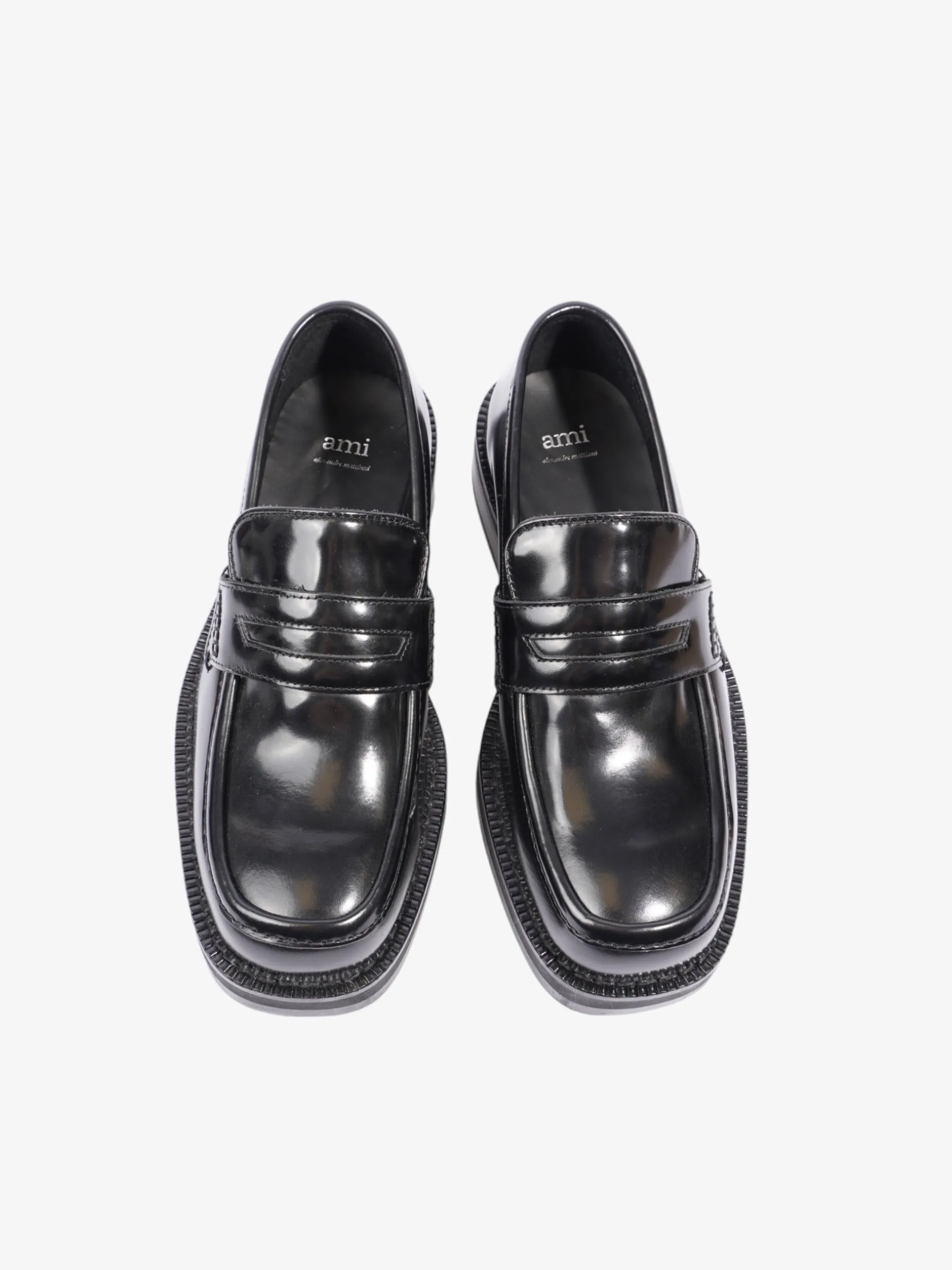 Square-toe Polished Loafers Black Calfskin Leather EU 40 UK 7