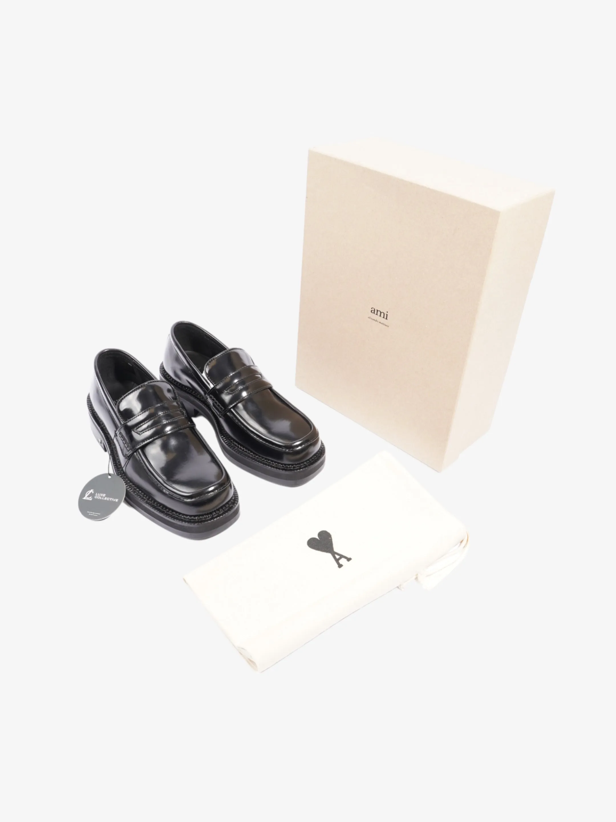 Square-toe Polished Loafers Black Calfskin Leather EU 40 UK 7