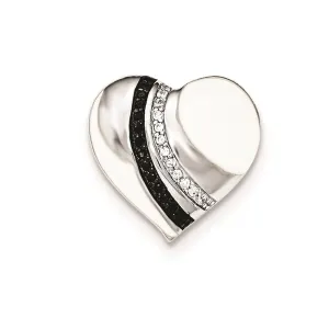 Sterling Silver Blk Rhod & Enamel White/Blk CZ Heart Chain Slide Pendant