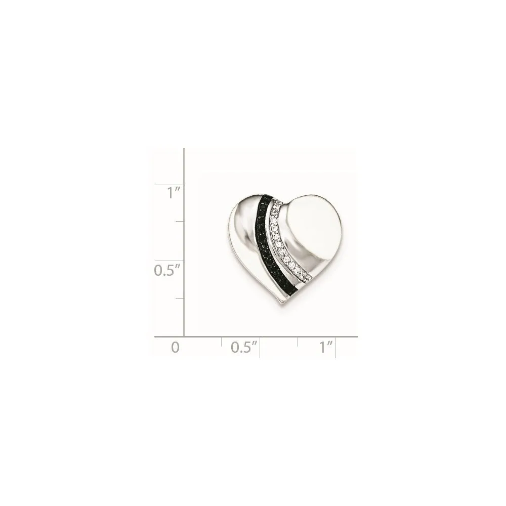 Sterling Silver Blk Rhod & Enamel White/Blk CZ Heart Chain Slide Pendant