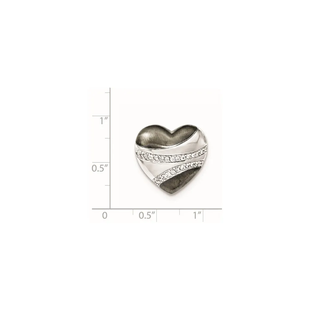 Sterling Silver Blk Rhod Polished CZ Heart Chain Slide Pendant