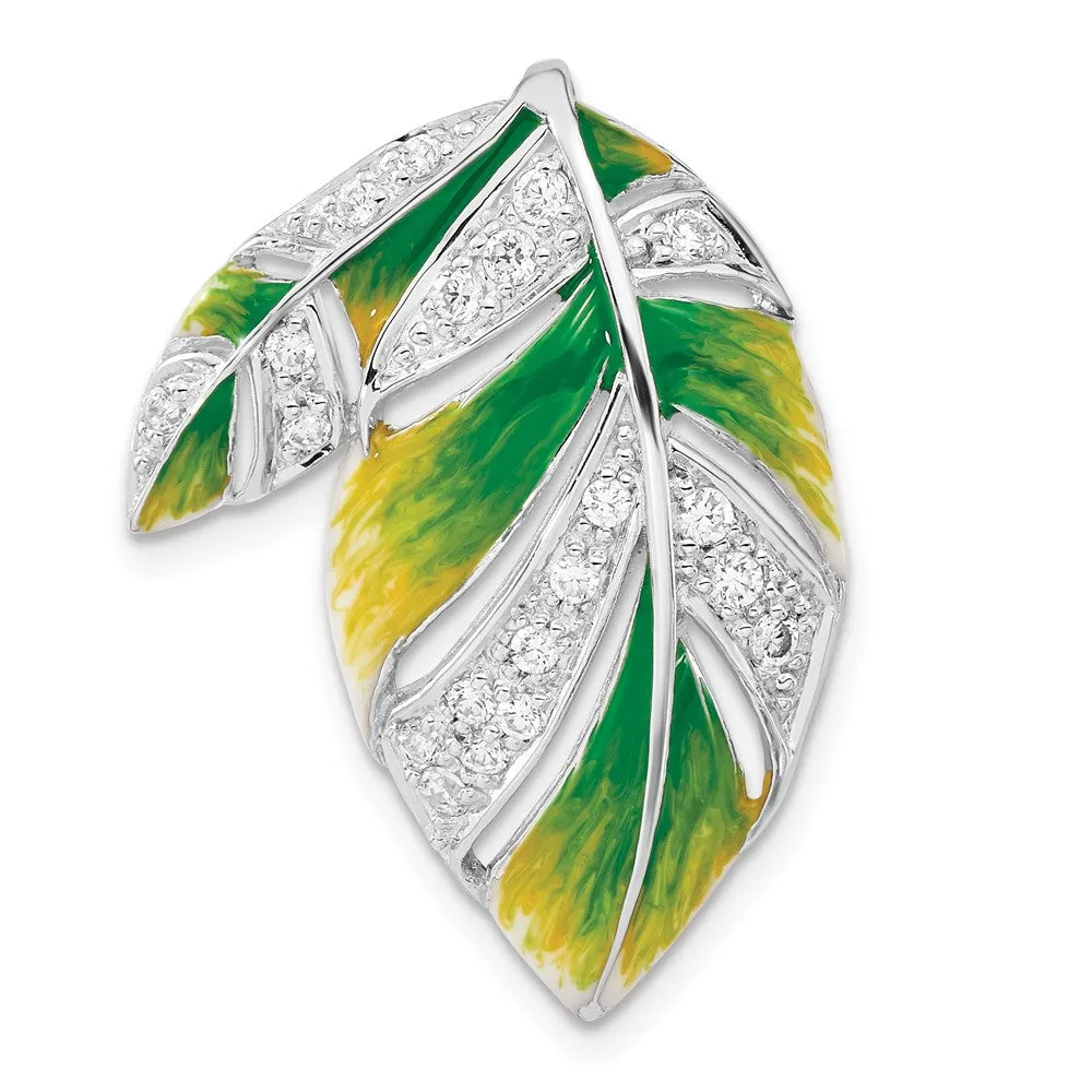 Sterling Silver Green And Yellow Enamel Leaf And CZ Slide