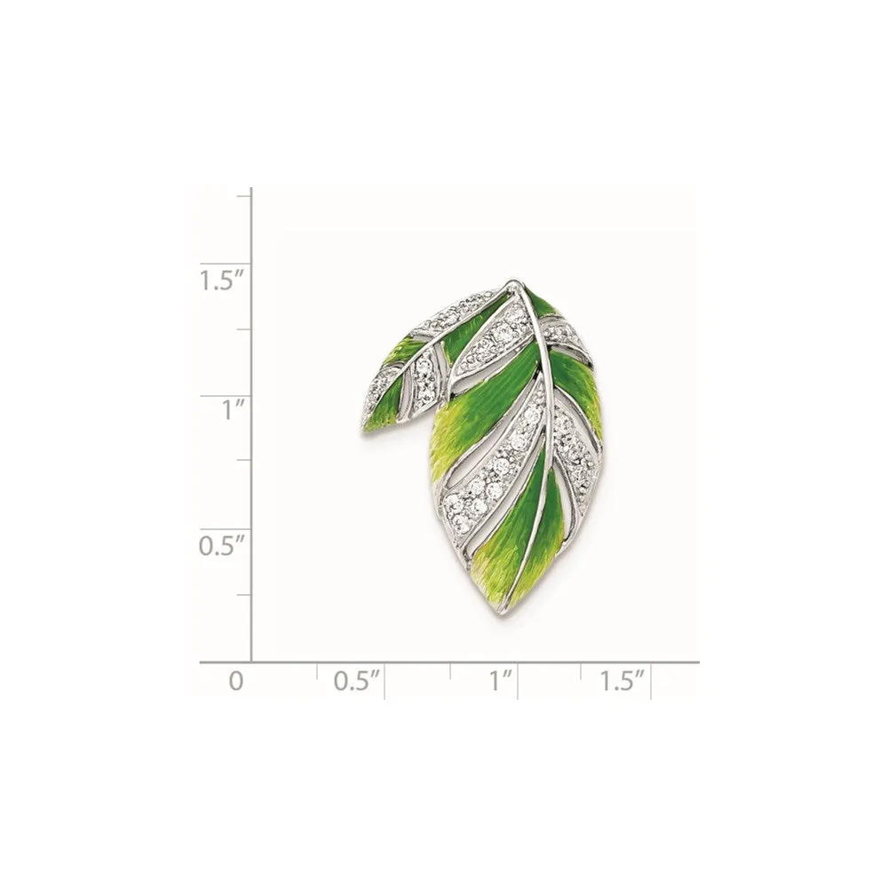 Sterling Silver Green And Yellow Enamel Leaf And CZ Slide