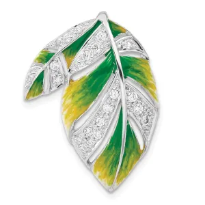 Sterling Silver Green And Yellow Enamel Leaf And CZ Slide