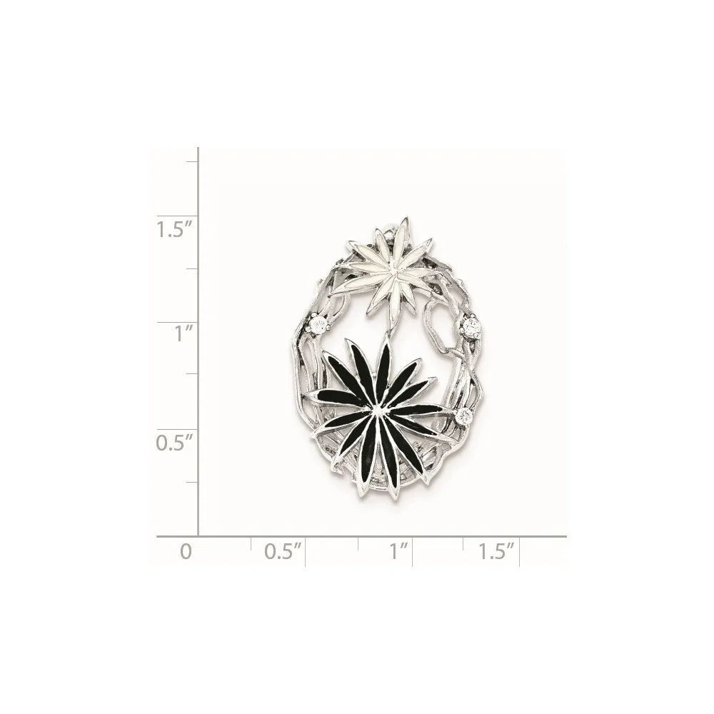 Sterling Silver Polished And Satin Black And White Enamel CZ Slide