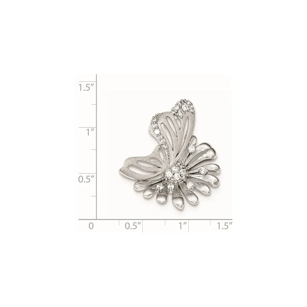 Sterling Silver Polished And Satin Flower Butterfly CZ Slide