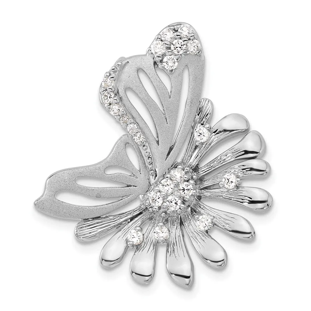 Sterling Silver Polished And Satin Flower Butterfly CZ Slide