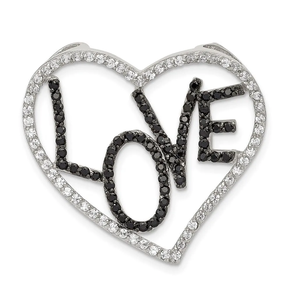 Sterling Silver Polished Black & White CZ Love in Heart Chain Slide