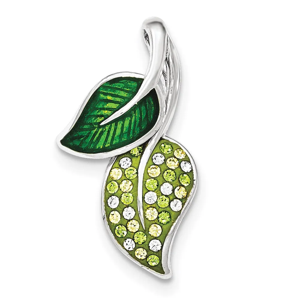 Sterling Silver Preciosa Crystal & Enameled Green Leaves Pendant