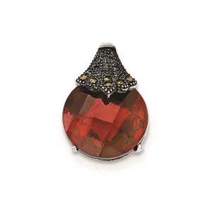 Sterling Silver Red CZ and Marcasite Chain Slide Pendant