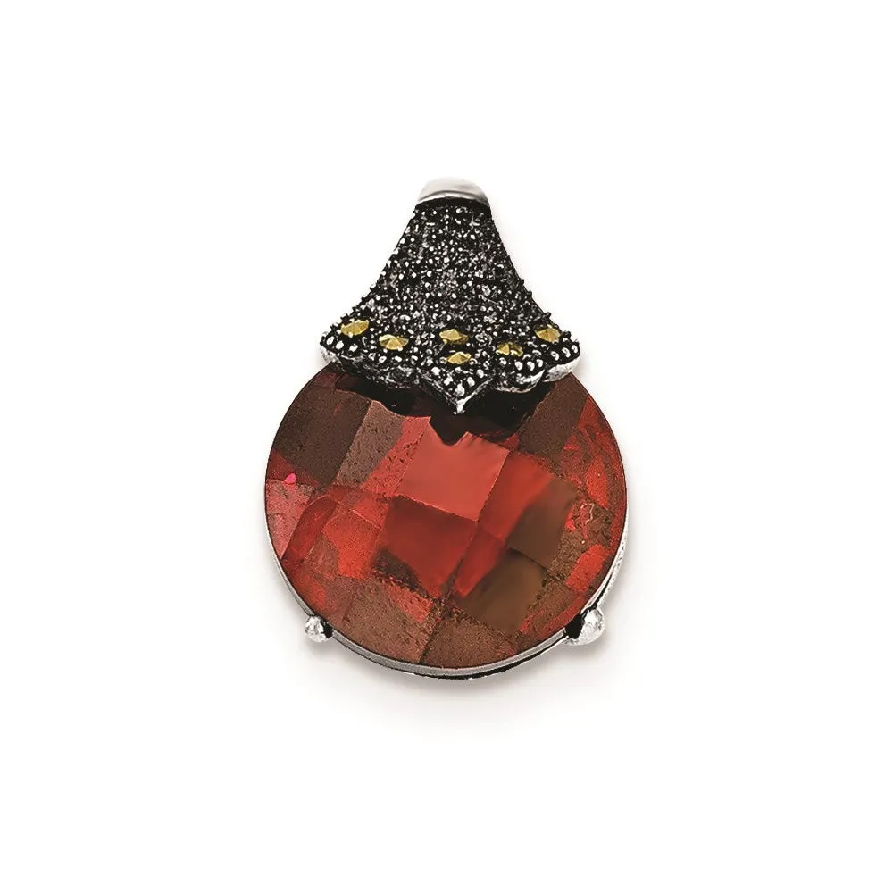Sterling Silver Red CZ and Marcasite Chain Slide Pendant