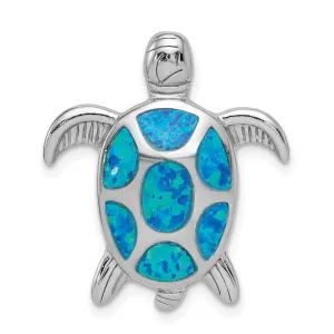 Sterling Silver Rhodium Created Blue Opal Turtle Slide