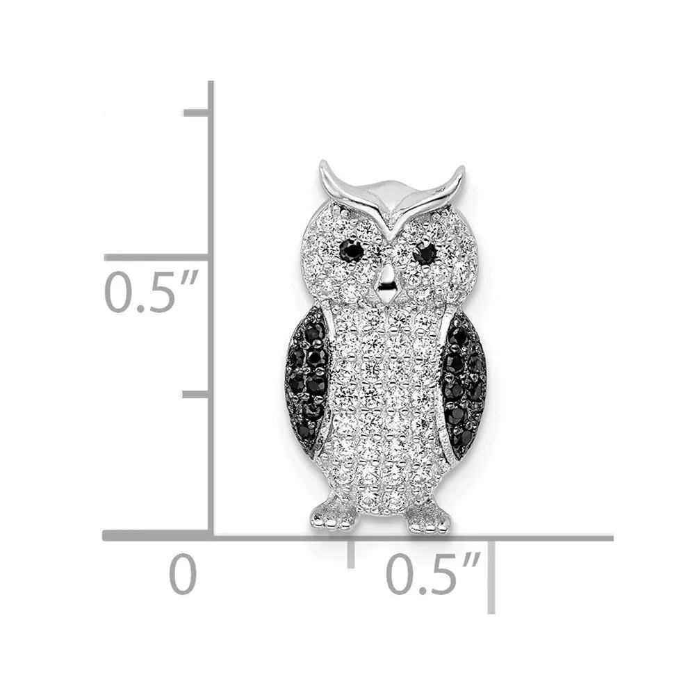 Sterling Silver Rhodium-plated Black & White CZ Owl Slide Pendant