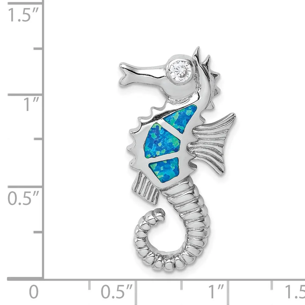 Sterling Silver Rhodium-plated Created  Opal and CZ Seahorse Chain Slide