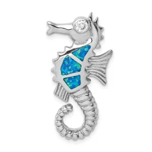 Sterling Silver Rhodium-plated Created  Opal and CZ Seahorse Chain Slide