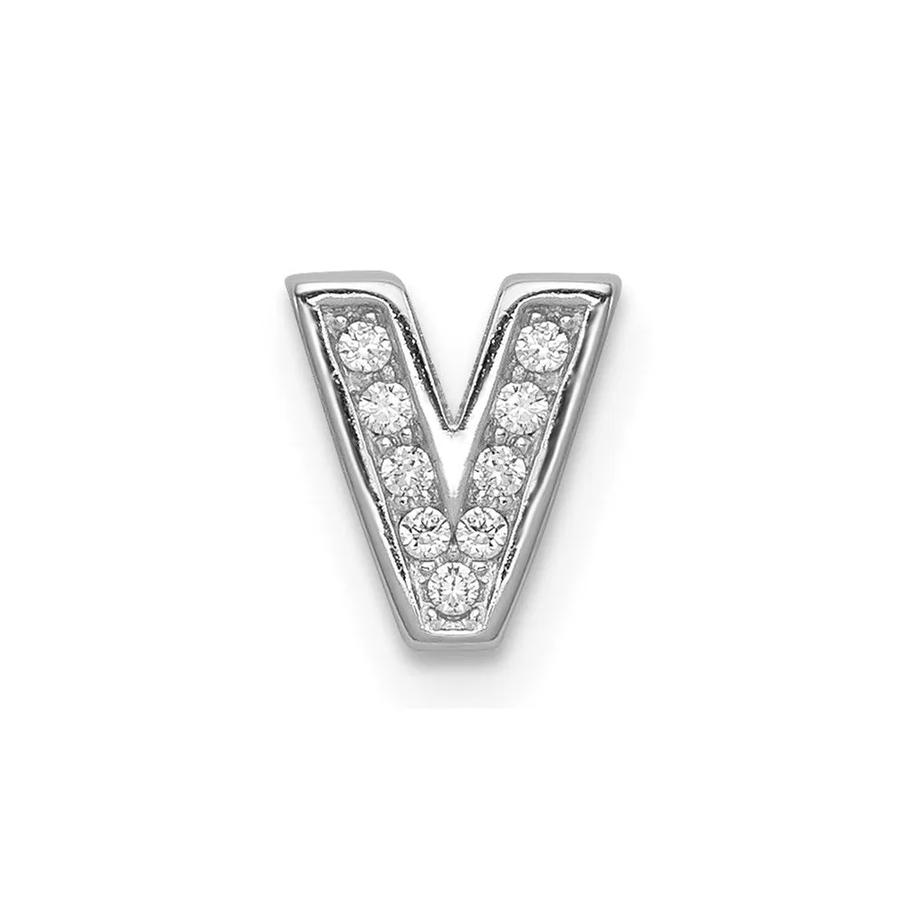 Sterling Silver Rhodium-plated CZ Letter V Initial Slide Charm