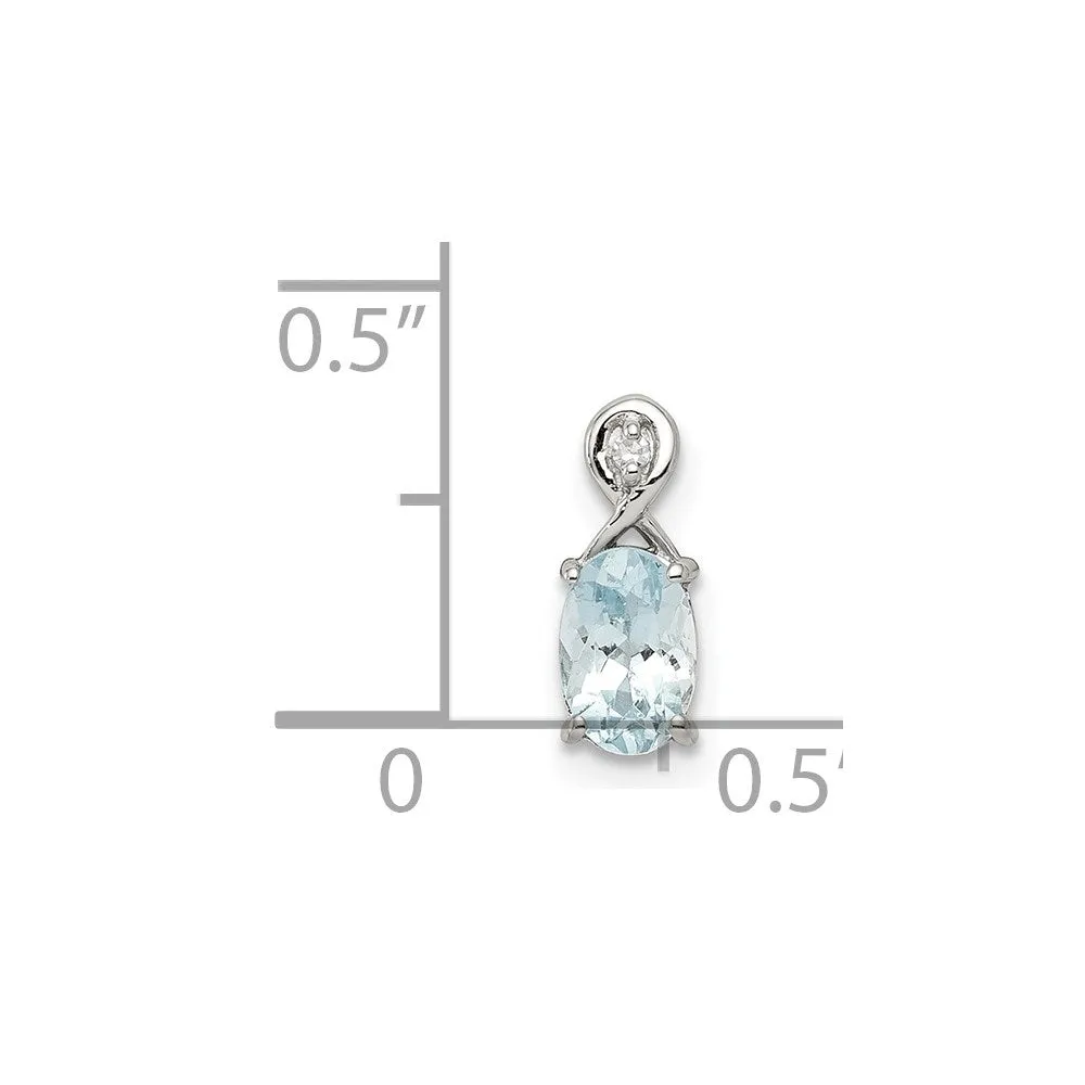 Sterling Silver Rhodium Plated Dia. & Aquamarine Oval Pendant