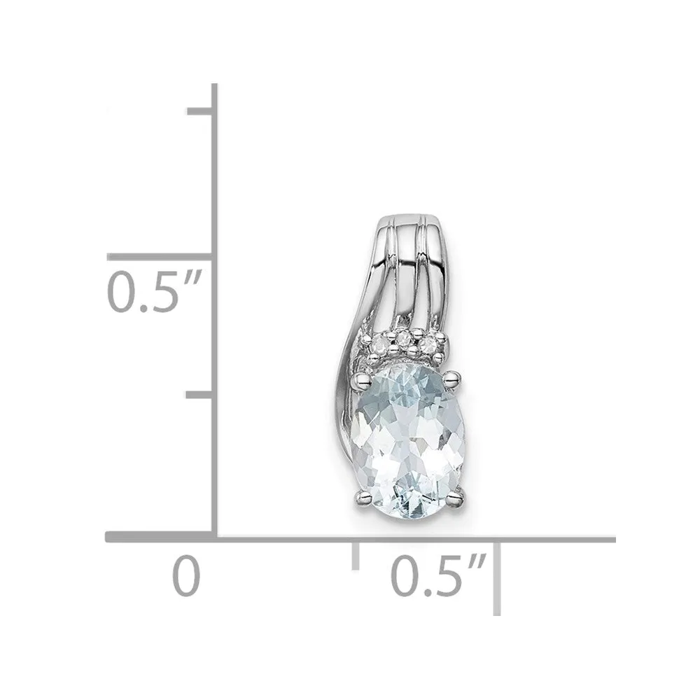 Sterling Silver Rhodium Plated Dia. & Aquamarine Oval Pendant