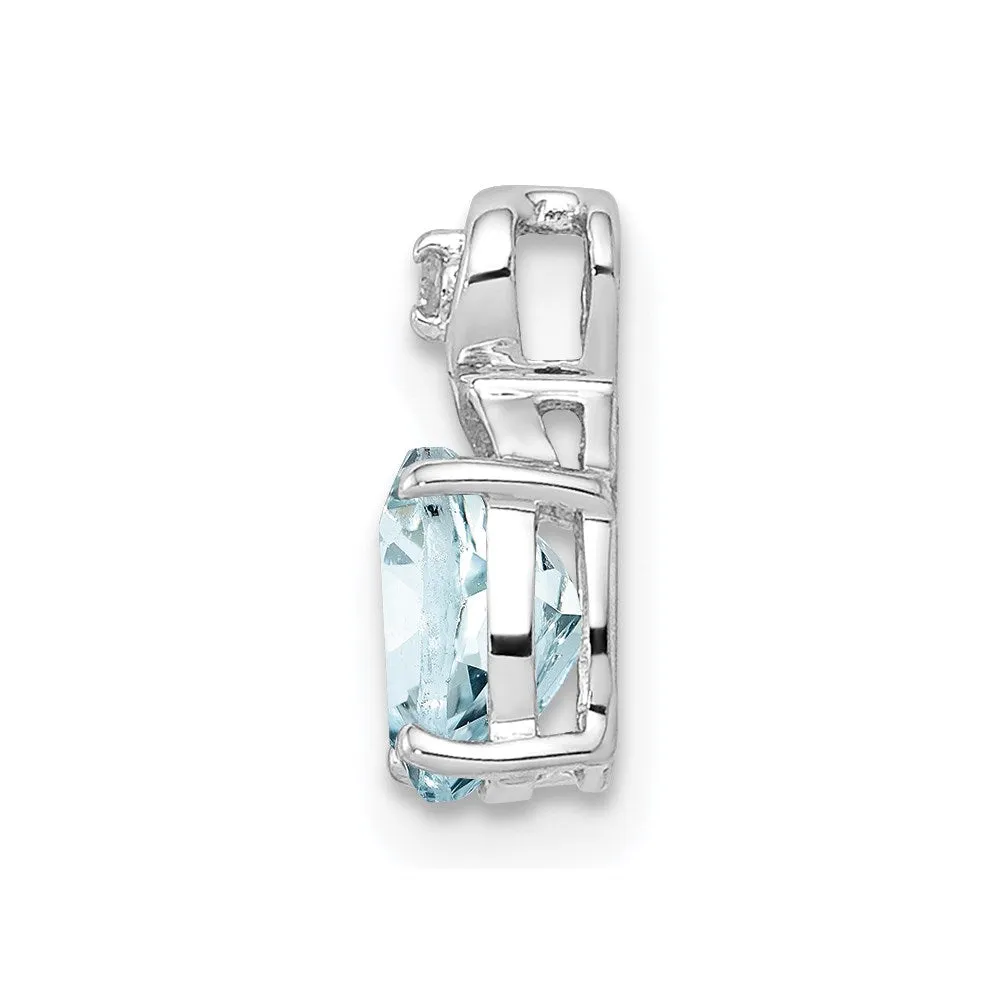 Sterling Silver Rhodium Plated Dia. & Aquamarine Oval Pendant
