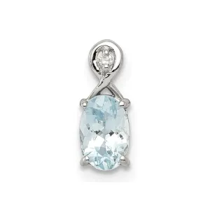 Sterling Silver Rhodium Plated Dia. & Aquamarine Oval Pendant