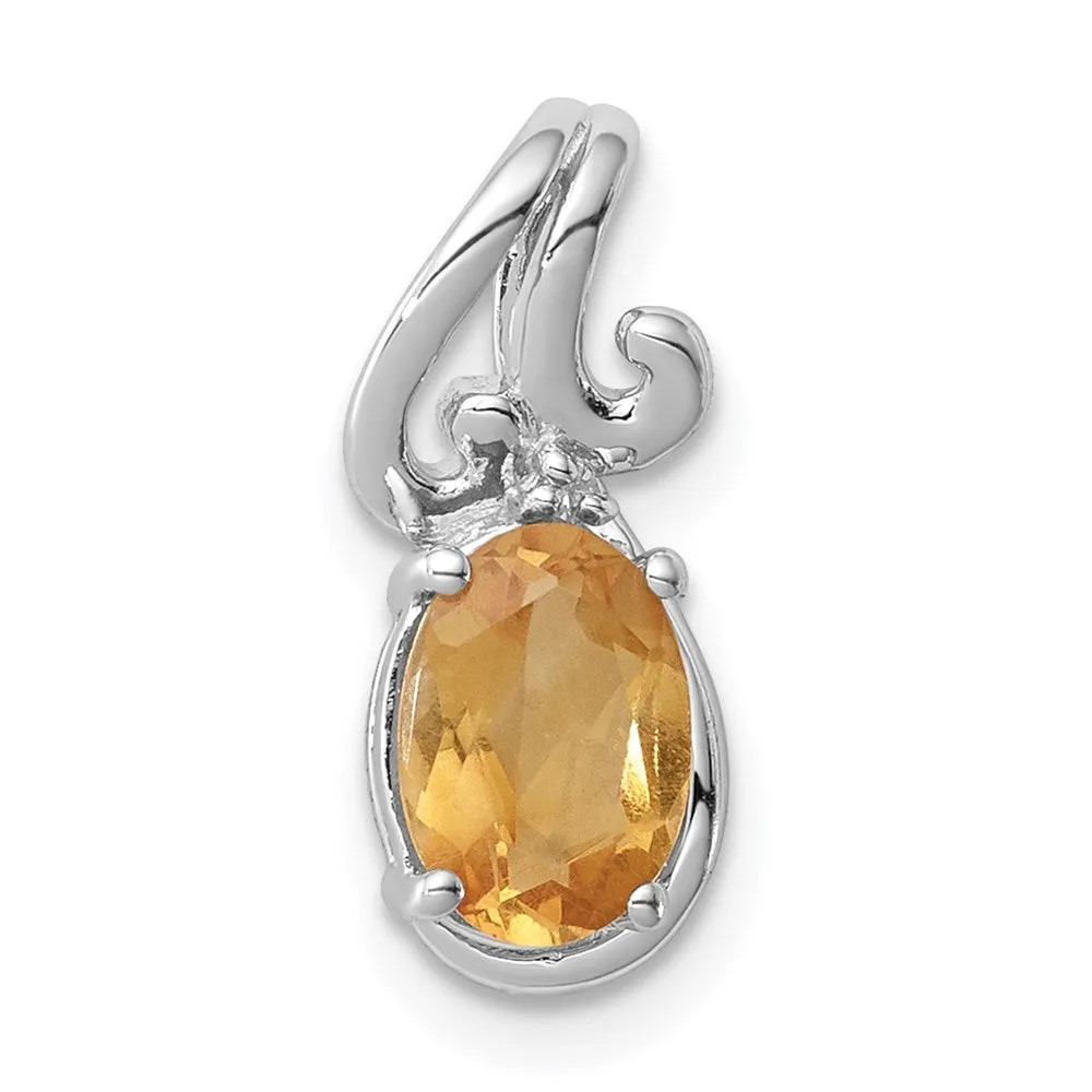 Sterling Silver Rhodium Plated Diamond & Citrine Oval Pendant