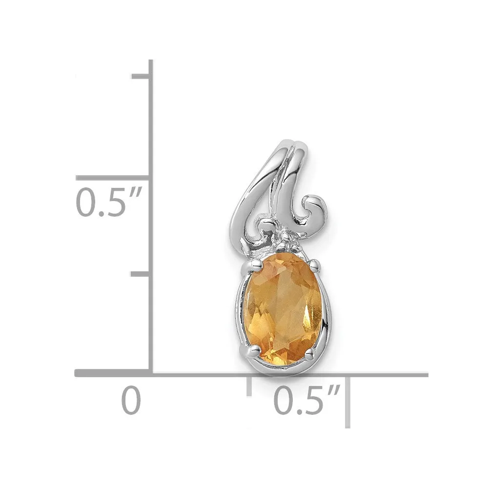 Sterling Silver Rhodium Plated Diamond & Citrine Oval Pendant