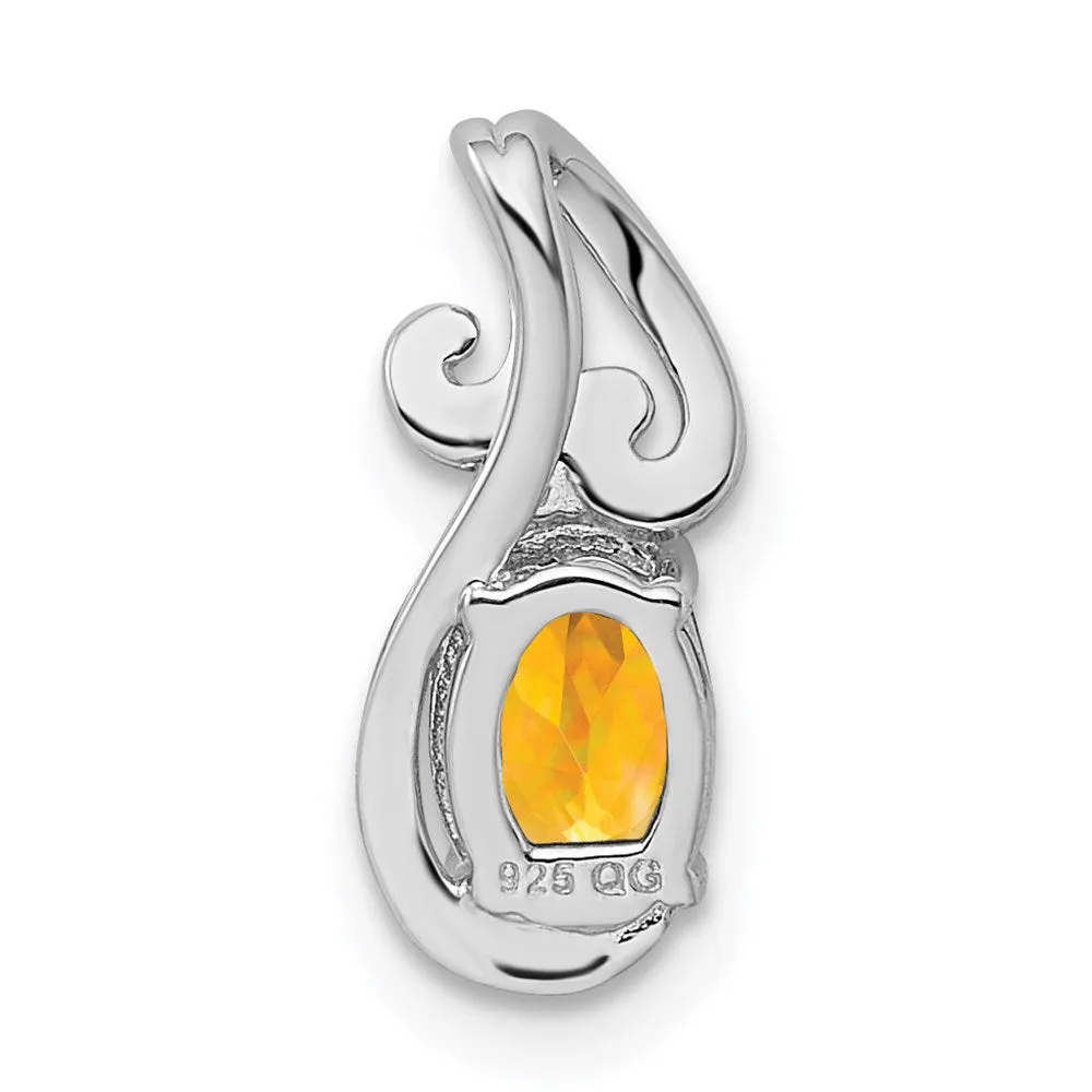 Sterling Silver Rhodium Plated Diamond & Citrine Oval Pendant