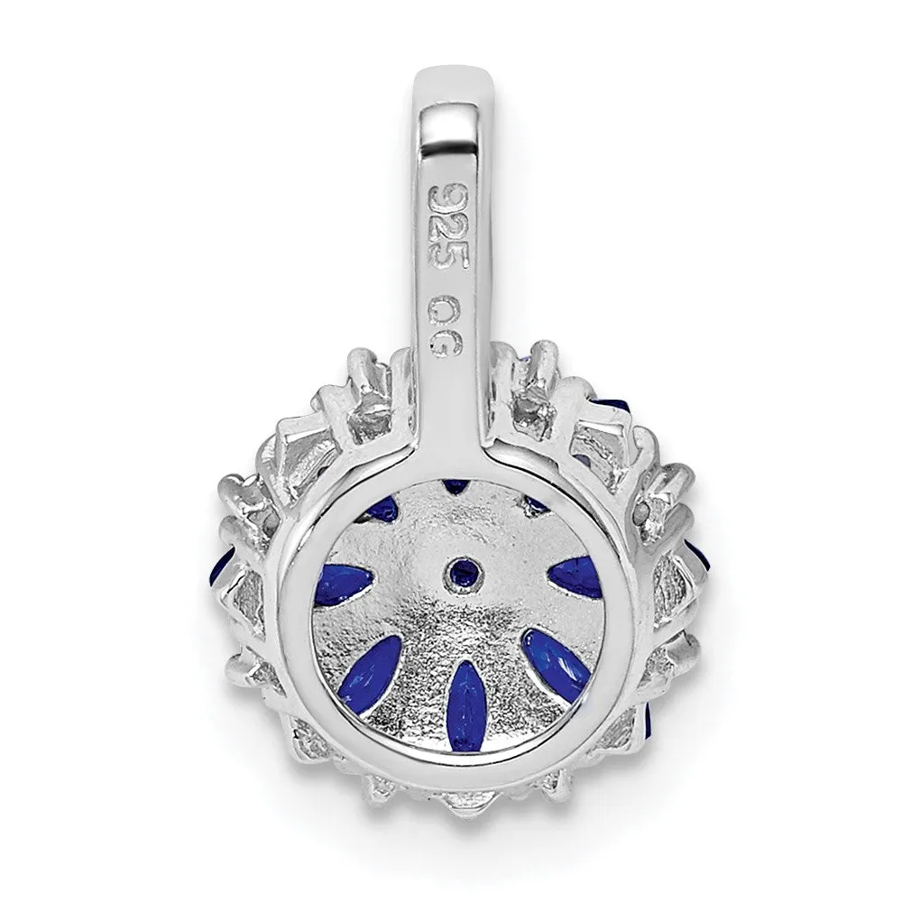Sterling Silver Rhodium Plated Diamond & Sapphire Flower Pendant