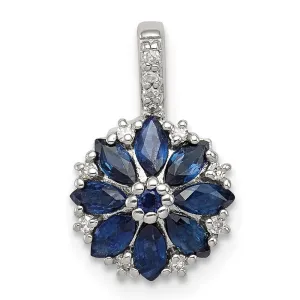 Sterling Silver Rhodium Plated Diamond & Sapphire Flower Pendant