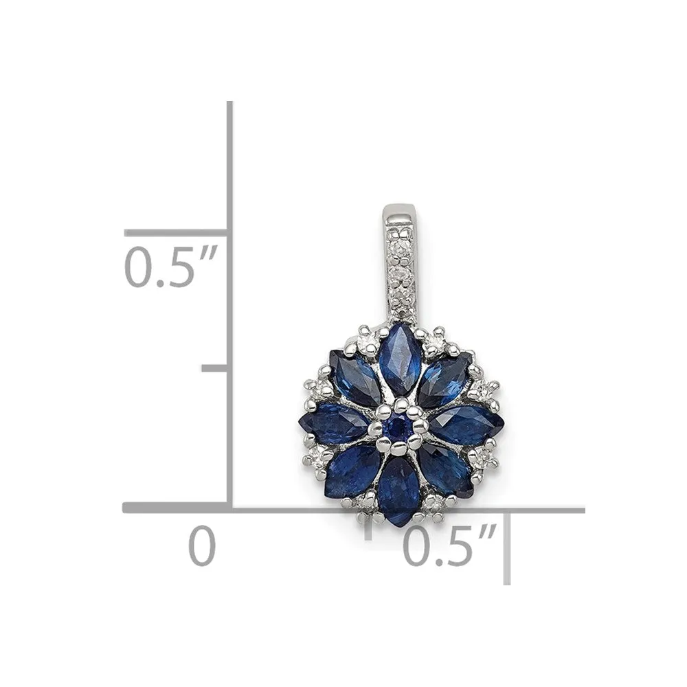 Sterling Silver Rhodium Plated Diamond & Sapphire Flower Pendant